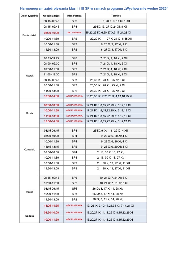 Harmonogram zajęć pływania klas II i III SP 2025
